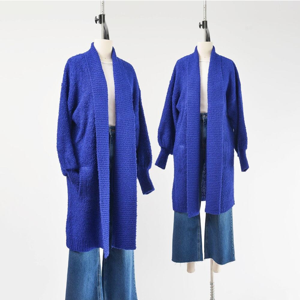 Vintage Blue Boucle Knit Cardigan Balloon Sleeve Duster Sweater Jacket size M